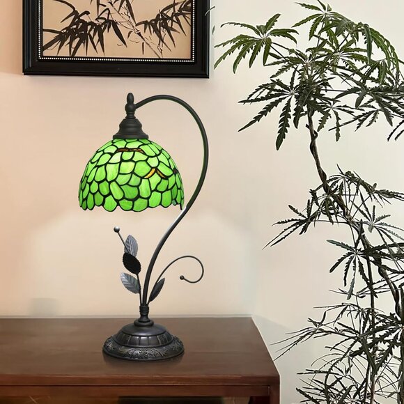 Tiffany Style Table Lamp Handcrafted Stained Glass lamp 20" H Small Green Leaf - Picture 5 of 7